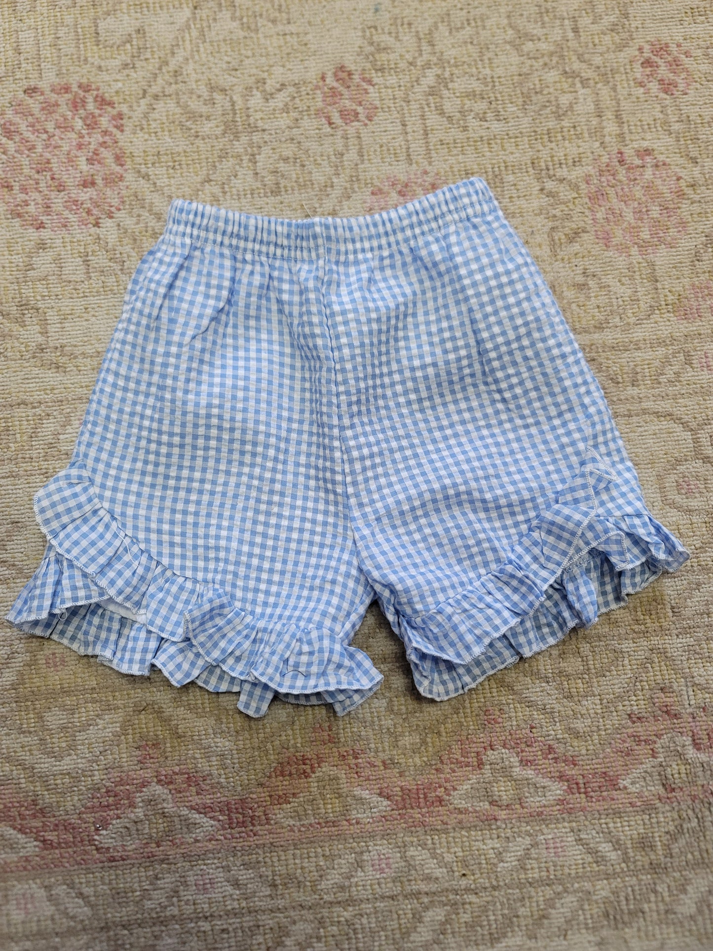 Girl Gingham Seersucker Basic Shorts- Light Blue