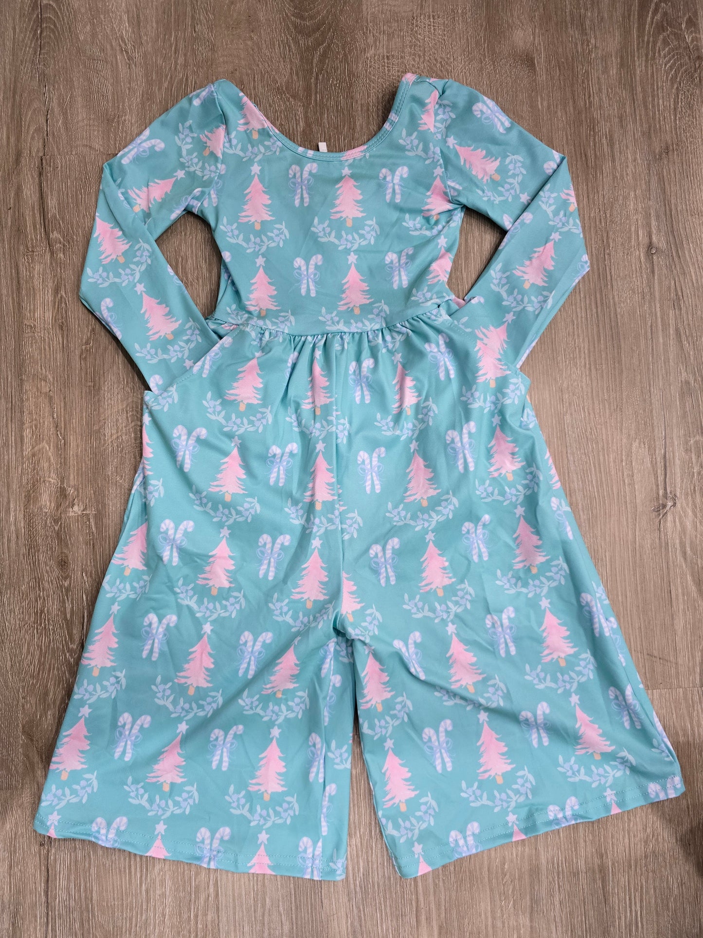 Feeling Festive Leggy Rompers-Teal Trees