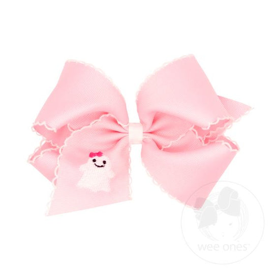 King Grosgrain Hair Bow with Moonstitch Edge - Pink Ghost