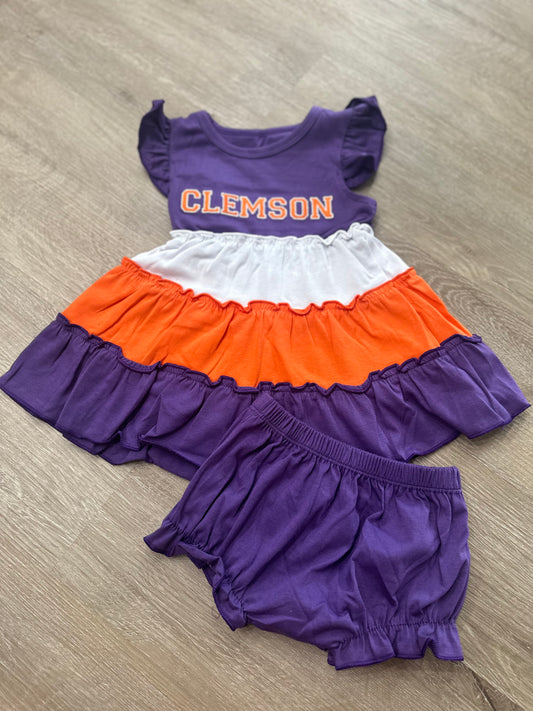 Collegiate Color Block- Girl Clemson Diaper Set