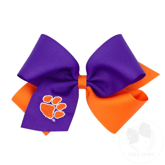 King Two-tone Grosgrain Hair Bow with Embroidered Collegiate Logo - Clemson