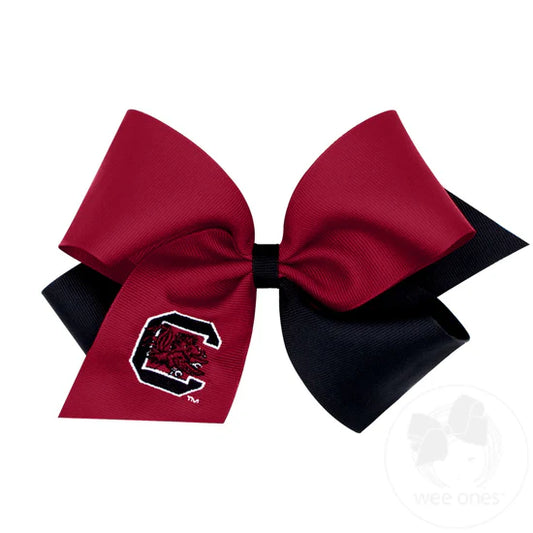 King Two-tone Grosgrain Hair Bow with Embroidered Collegiate Logo - Gamecocks