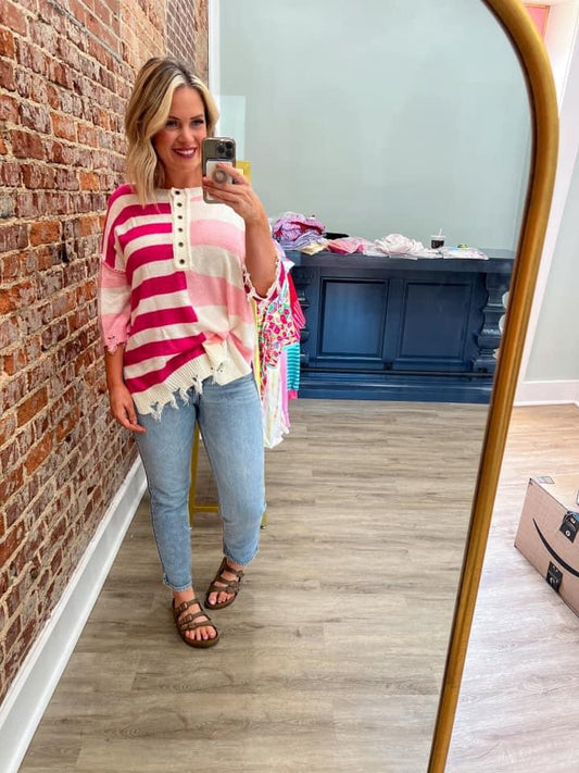 ADULT Distressed Pink Stripe Top